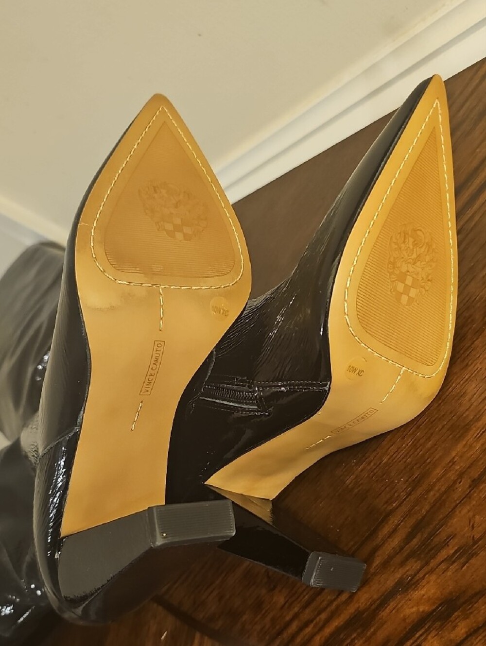 Vince Camuto Black Patent Over-the-Knee Pointed Toe Heeled Boots with Side Zip - Picture 3 of 8